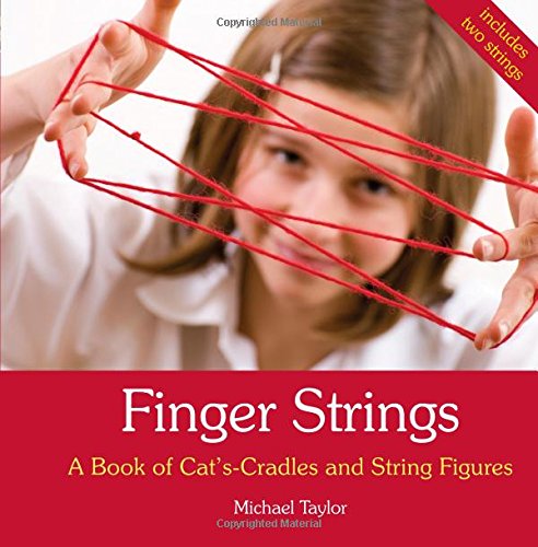 Girl making a string figure with red yarn, book title "Finger Strings".