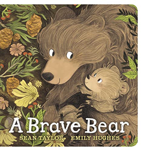 Illustration of a mother bear embracing a small bear cub amidst foliage.