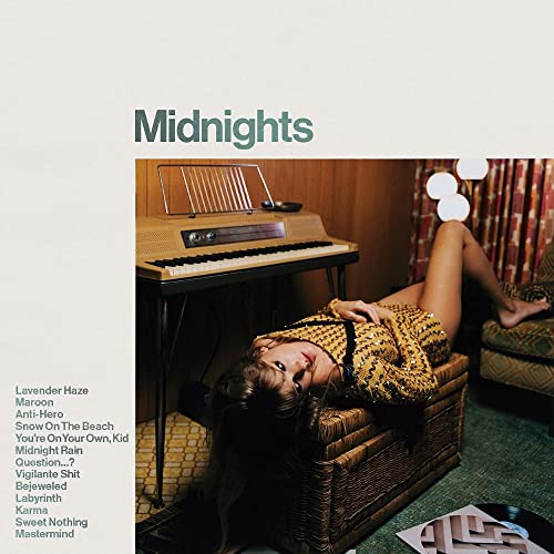 Taylor Swift’s “Midnights” album cover with a vintage piano and woman.