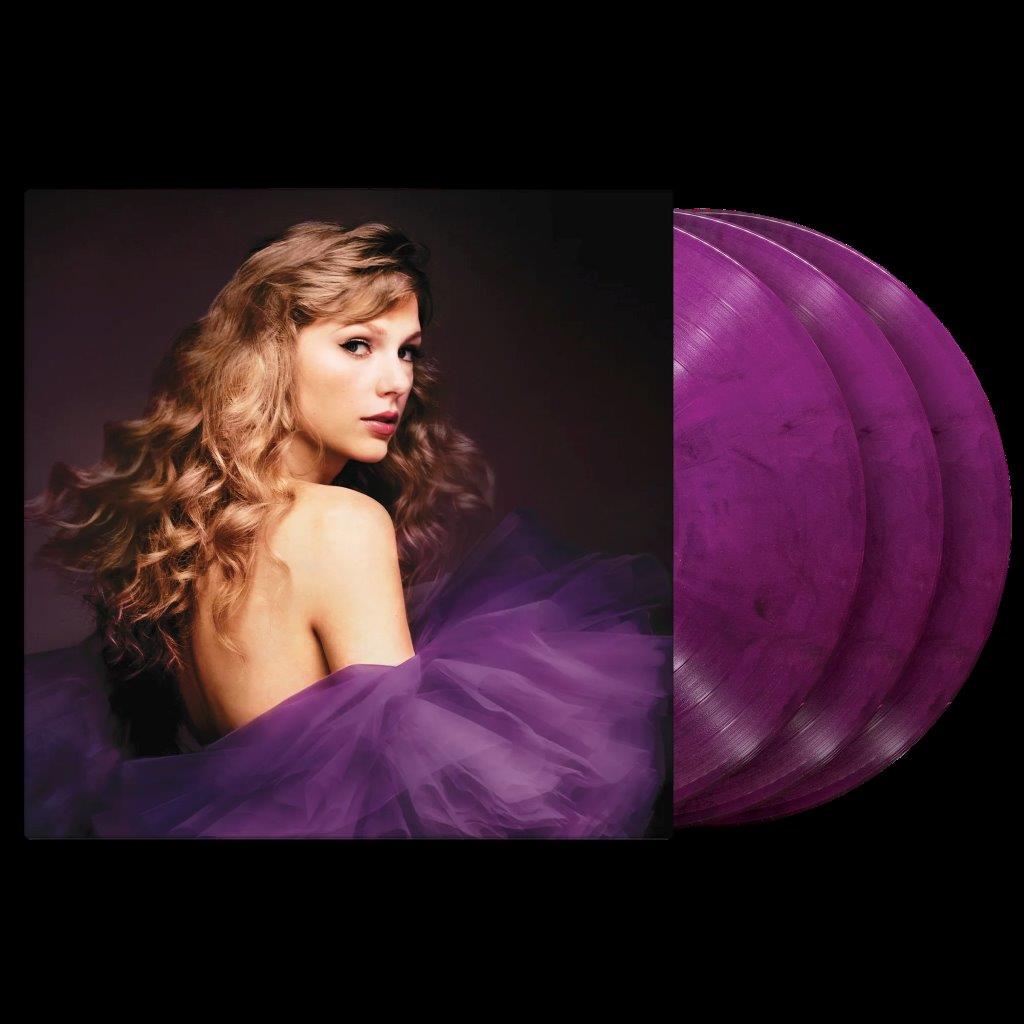 Taylor Swift album cover with three purple vinyl records beside her.