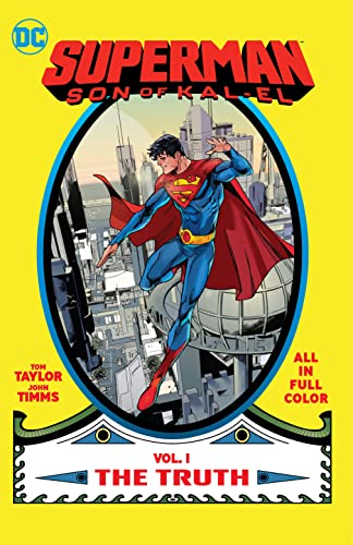 Superman, in red and blue suit, flies over a cityscape in an oval frame.