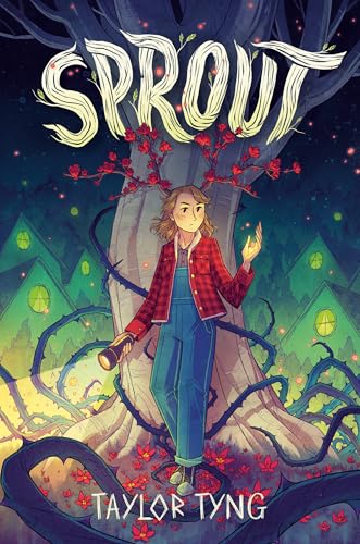 Book cover: girl with flashlight stands before a large, twisting tree.