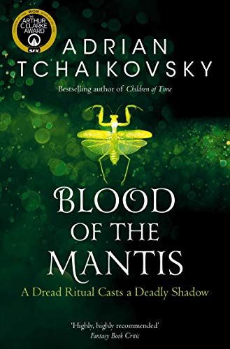 Book cover: "Blood of the Mantis" with a glowing green praying mantis.