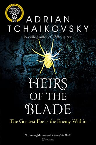 Book cover for Heirs of the Blade featuring a yellow spider on dark stone.