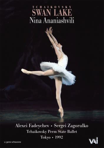 Ballerina in a white tutu performing Swan Lake, DVD cover.