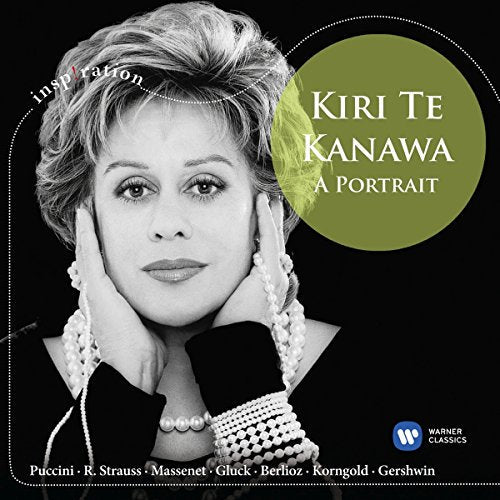 Black and white portrait of Kiri Te Kanawa, opera singer, with green text.