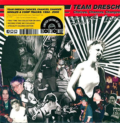 Pink vinyl record with a collage album cover featuring black and white images.