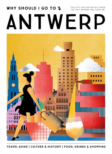 Book cover with illustrated Antwerp skyline, a woman, and travel details.