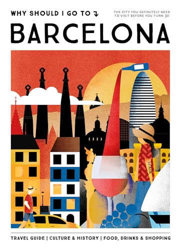 Barcelona travel guide cover with illustrated cityscape, wine, and people.