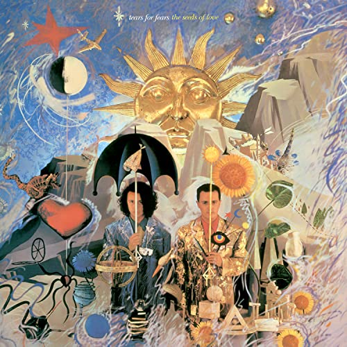 Surreal album cover featuring two men, a golden sun, and various abstract, dreamlike elements.