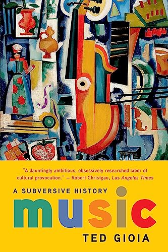Book cover with abstract art and bold yellow text reading "music" by Ted Gioia.