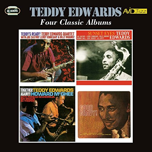 "Black album cover featuring four jazz album covers with musicians playing saxophones."