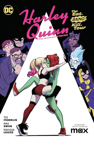 Harley Quinn and Poison Ivy kiss, surrounded by various characters on a comic cover.