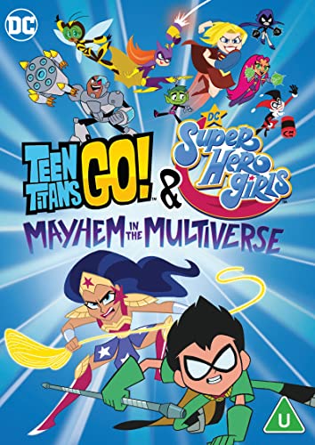 Cartoon superheroes and villains on a blue background with white streaks and text.
