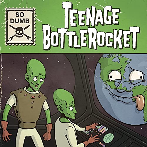 Album cover art featuring green aliens at a console looking at a silly Earth.