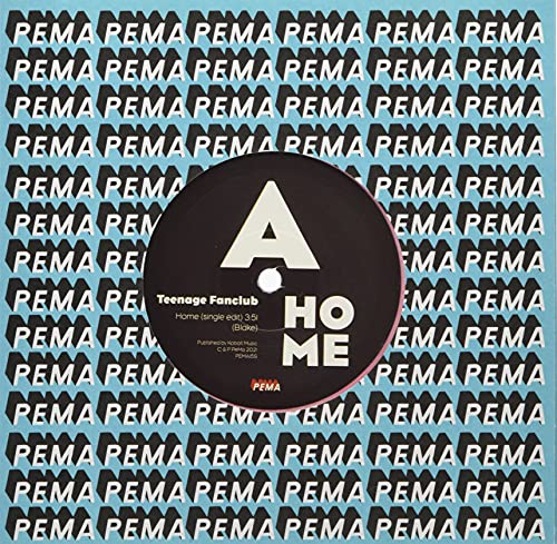 Vinyl record label with the word HOME on a light blue repeating PEMA background.