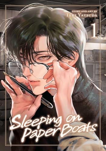 Manga cover featuring a young man with dark hair adjusting his glasses while holding pen.