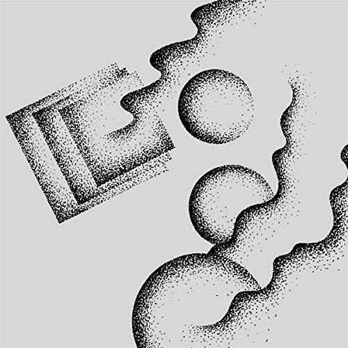 Black and white dotted abstract shapes resembling spheres and a rectangle.