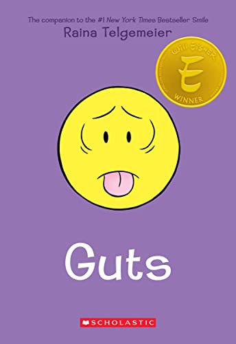 Book cover for Guts by Raina Telgemeier featuring a yellow face with a tongue.