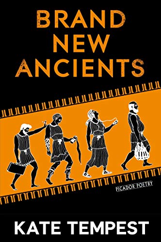 Book cover featuring Greek-style figures in modern clothing against an orange and black background.