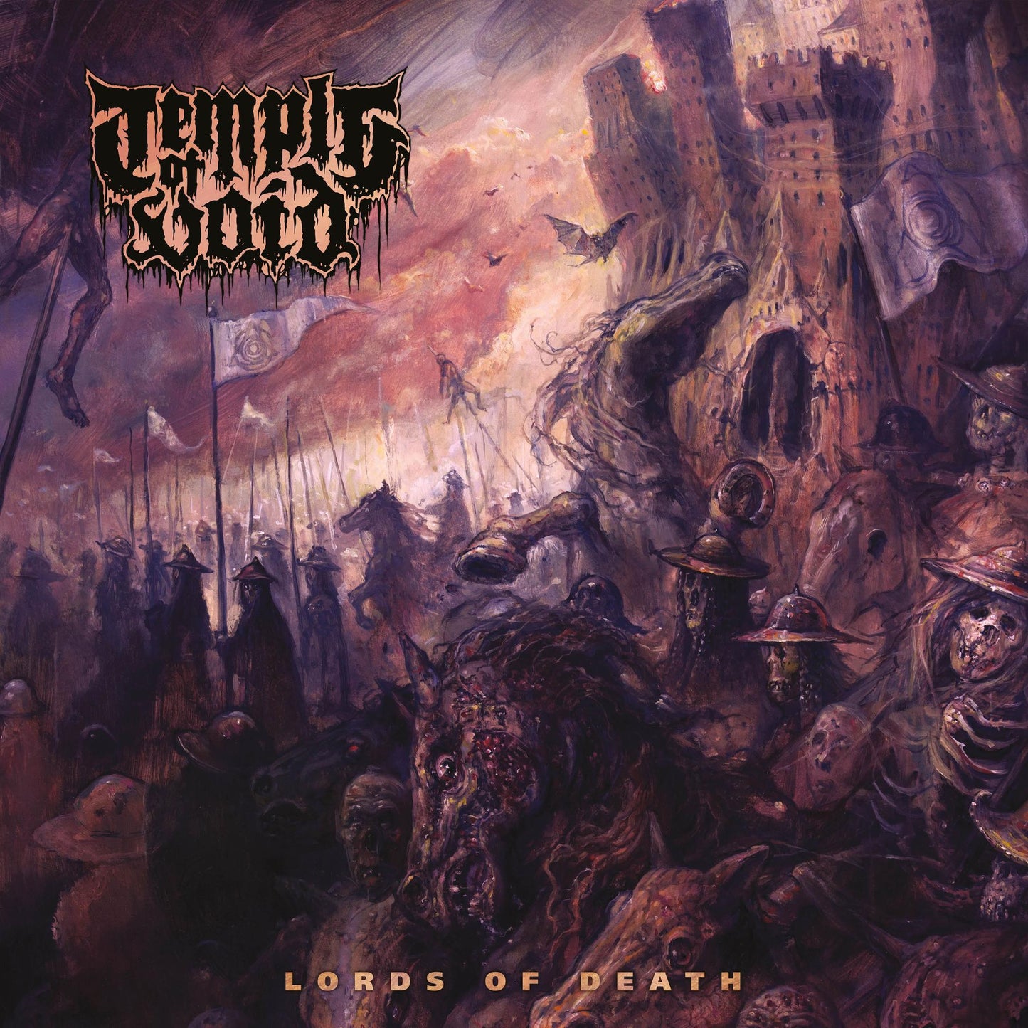 Dark fantasy album cover with a castle, skeletal figures, and a fiery sky.