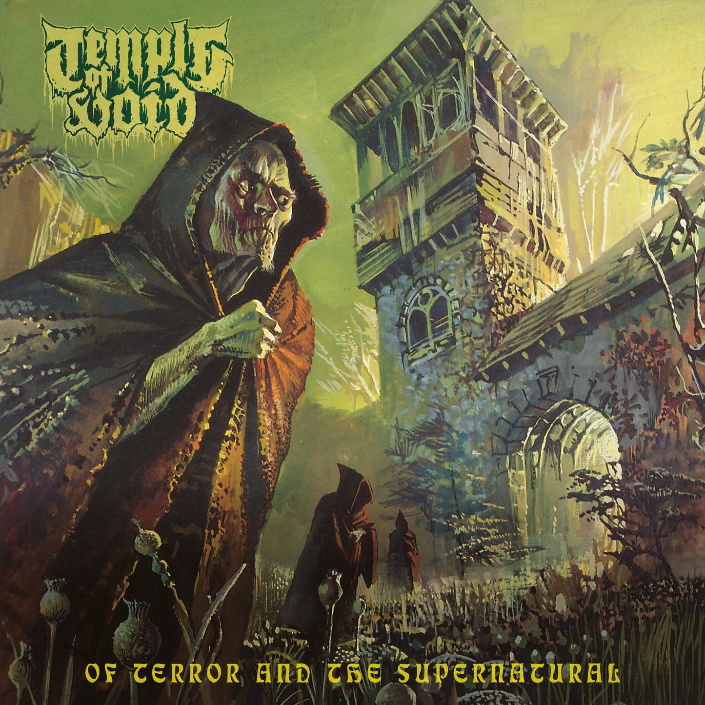 Painted album cover featuring a cloaked figure before a crumbling mansion.