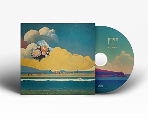 Temples "Exotico" CD case with painted clouds, flowers, beach scene, and disc.