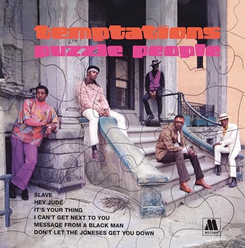 Five men in 1960s fashion pose on stone steps with a jigsaw puzzle overlay.