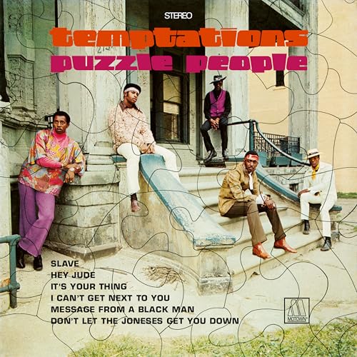 Temptations" album cover: four men in 1970s attire pose in front of a building.