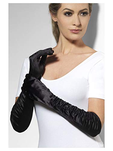 Woman modeling long, black, satin gloves reaching past the elbow.