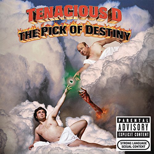 Album cover showing two men in clouds reaching for a glowing green guitar pick.