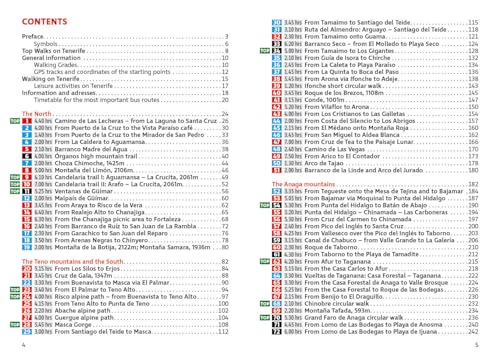 Table of contents page from a Tenerife hiking guidebook listing numbered trails and page numbers.