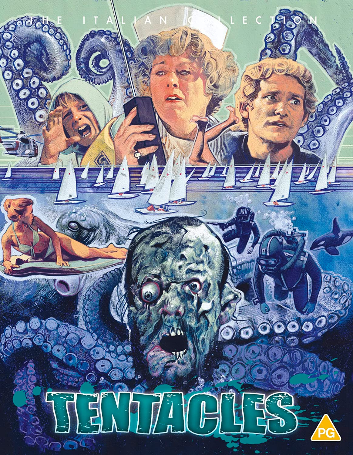 "Tentacles" Blu-ray cover featuring a giant octopus and people in a chaotic ocean scene.