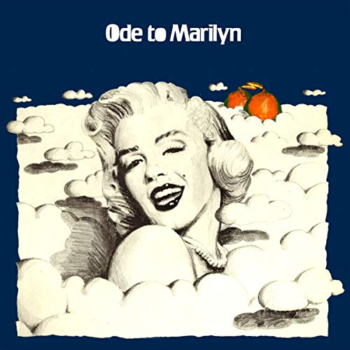 Sketch of Marilyn Monroe surrounded by clouds and oranges on a blue background.