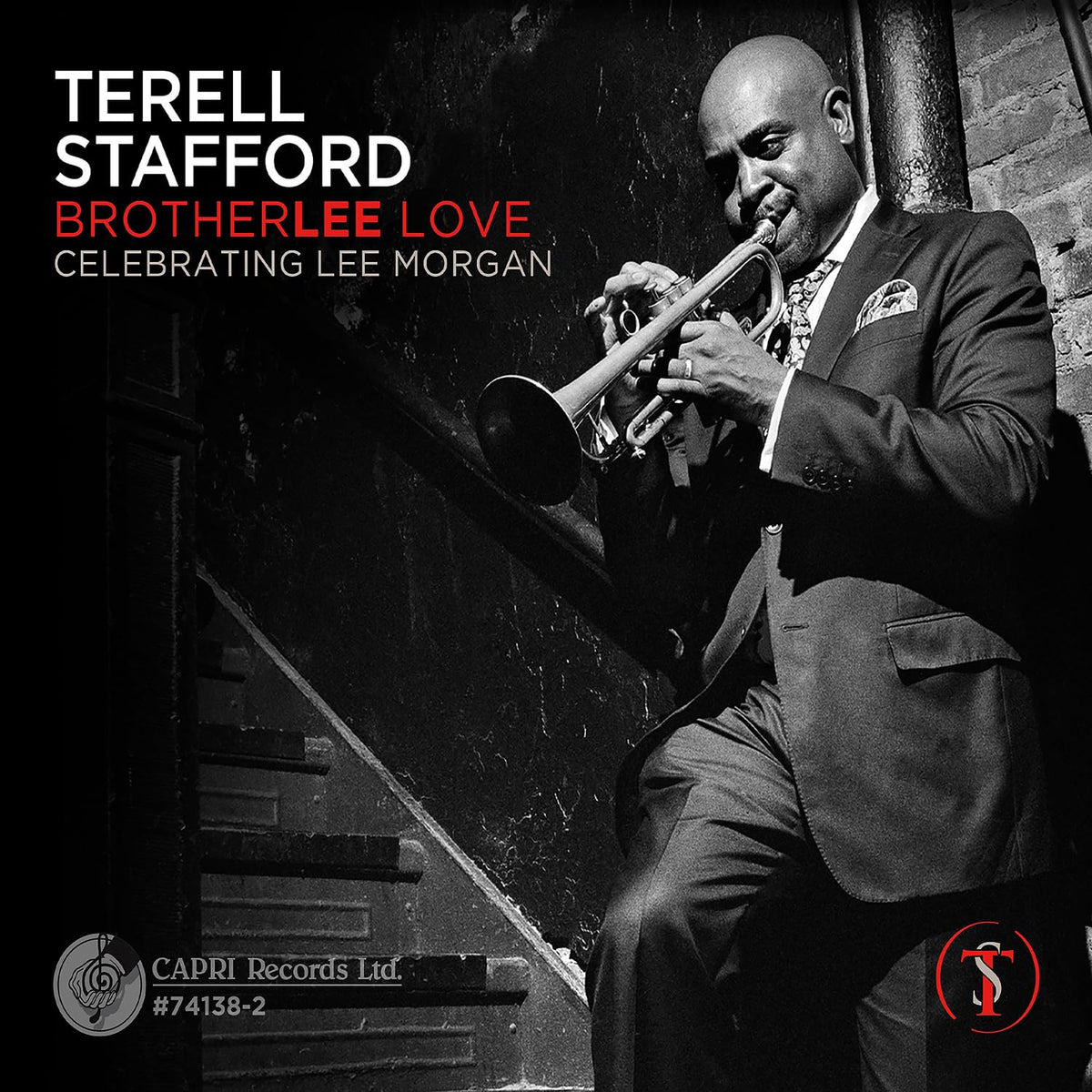Black and white CD cover featuring trumpeter Terell Stafford on stairs.