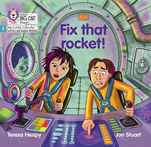 Two children with surprised expressions inside a rocket control room.