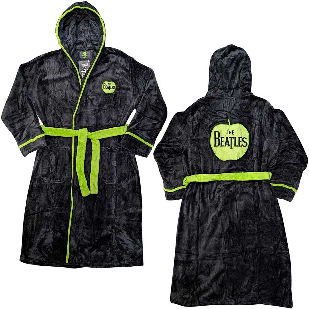 Black bathrobe with green trim and Beatles apple logo, size L.