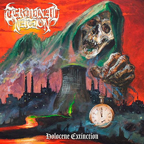 CD cover: skeletal figure over industrial landscape, clock nearing midnight.