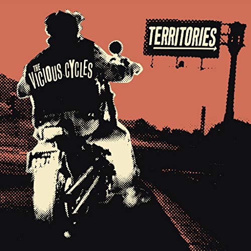 Record cover: motorcyclist with back to viewer, road sign, halftone effect.