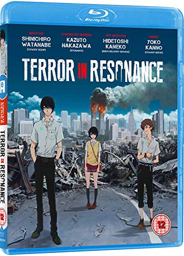 Terror in Resonance" Blu-ray cover featuring anime characters amid city destruction.