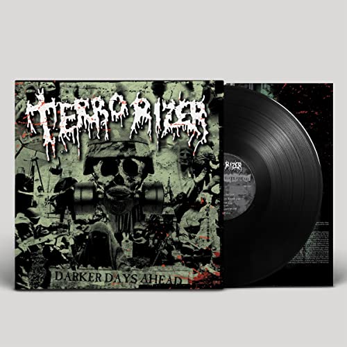 Terrorizer album "Darker Days Ahead" vinyl record with a skull and war imagery.