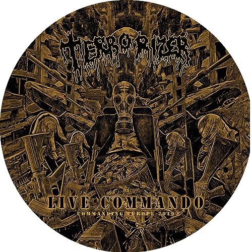 Vinyl record label for Terrorizer - Live Commando, with wartime imagery.