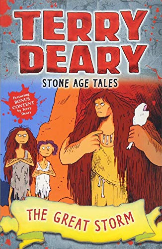 Book cover: "Stone Age Tales: The Great Storm" with cartoon cave people.