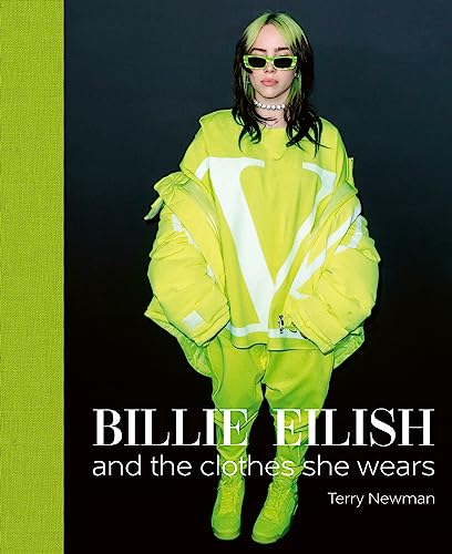 Billie Eilish wearing an oversized neon yellow outfit and sunglasses against a black background.