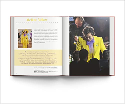 Open book displaying photos of Harry Styles in vibrant yellow suits.