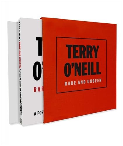 Red and white photography book, "Terry O’Neill: Rare and Unseen," shown at angle.
