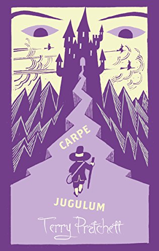 "Purple book cover with castle, mountains, and a witch walking down a path."