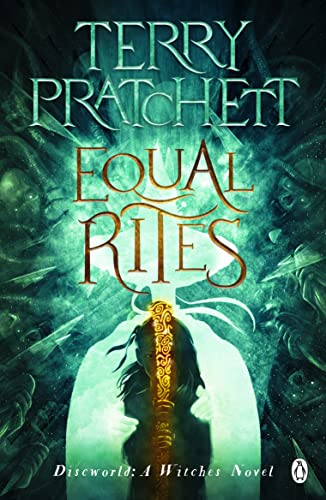 Book cover for Equal Rites by Terry Pratchett featuring a glowing staff and silhouette.