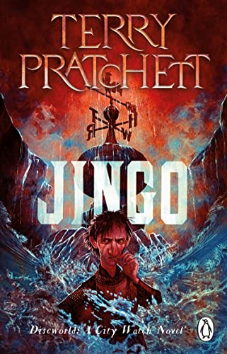 Book cover for "Jingo" by Terry Pratchett, featuring a man and clockwork tower.