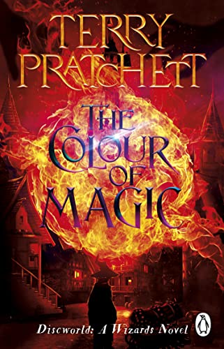 Book cover for “The Colour Of Magic” with fiery, fantastical imagery.